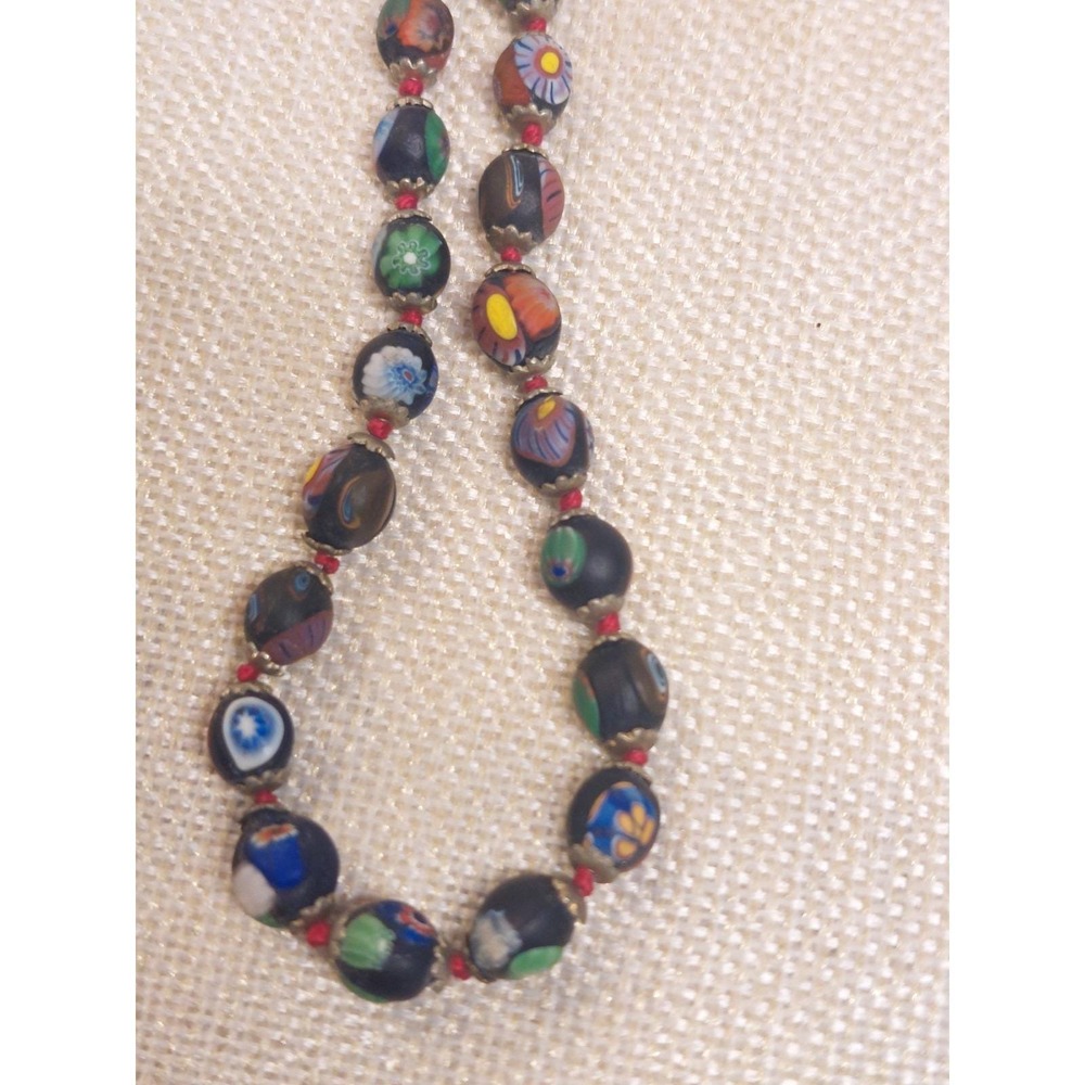 Vintage Murano Venetian Millefiori Glass Bead Necklace Black Matte Finish 28"